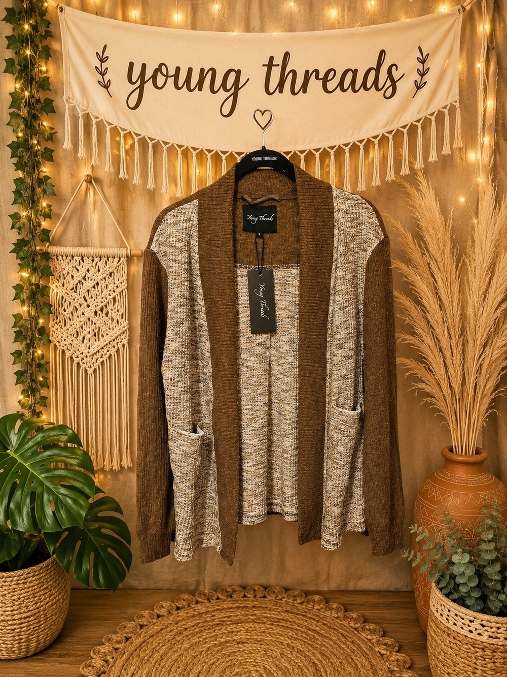 Young Threads Brown & Cream Open-Front Knit Cardigan